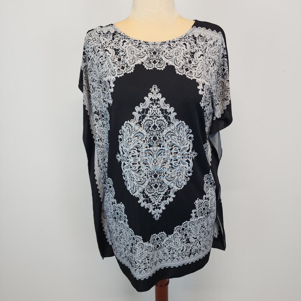 Metaphor Paisley Bandana Tunic Top Size M Black White Stretch Boxy Vintage Y2K